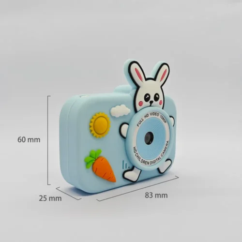 Dimension chart of the Qisora Y8 astronaut kids camera showing its size: 83 mm length, 25 mm width, 60 mm height.