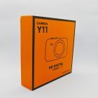 Details of orange packaging box for Y1 kids tripod camera.