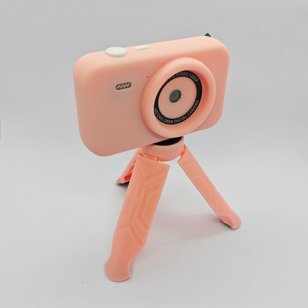 Front view of pink Y1 kids tripod camera with CE/RoHS/FCC certification for B2B toys business.