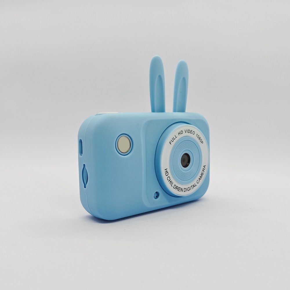 Y2 kids camera bunny blue front 1080P HD shooting lens of blue Y2 bunny kids camera, rabbit-ear shape children's digital camera for B2B sourcing.