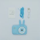 Complete package of Y2 bunny kids camera in blue with USB cable, lanyard and instruction manual - B2B children's electronics supplier.