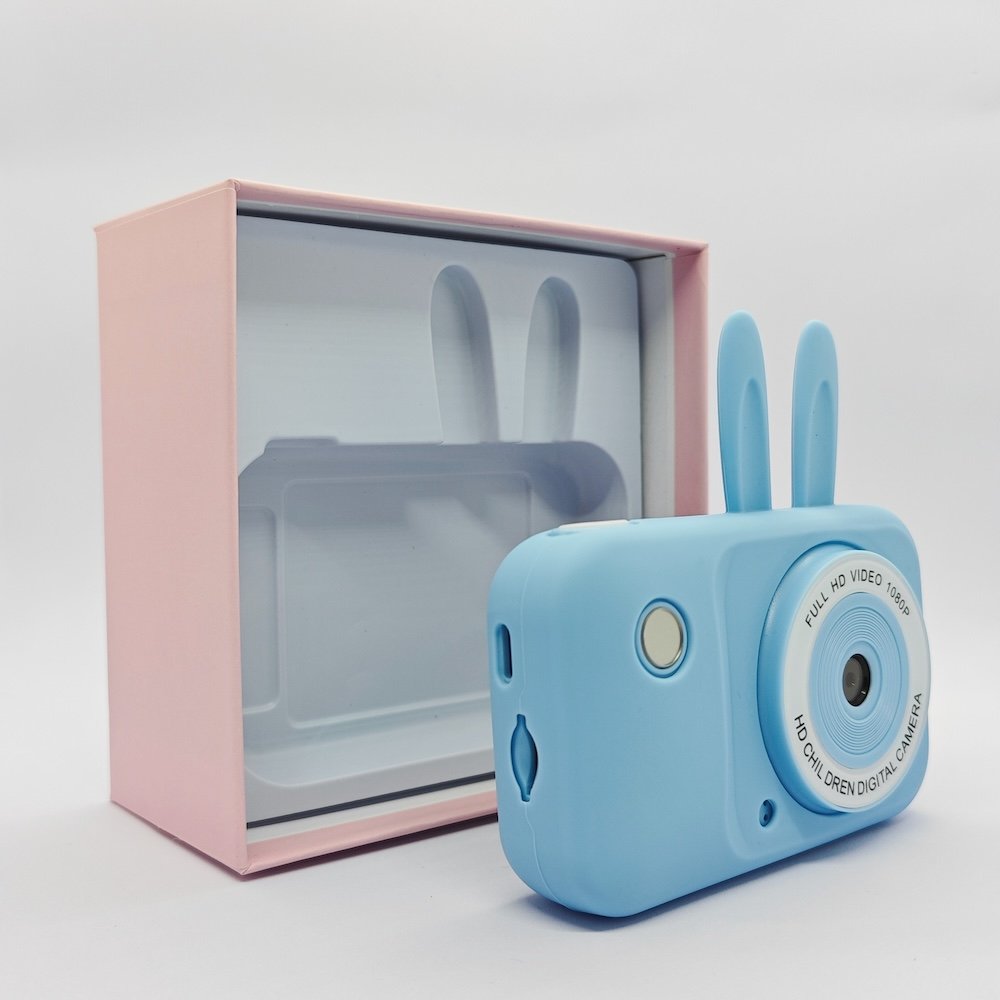 Blue Y2 bunny kids camera with protective pink gift box packaging, rabbit-ear children's camera for bulk retail and wholesale.