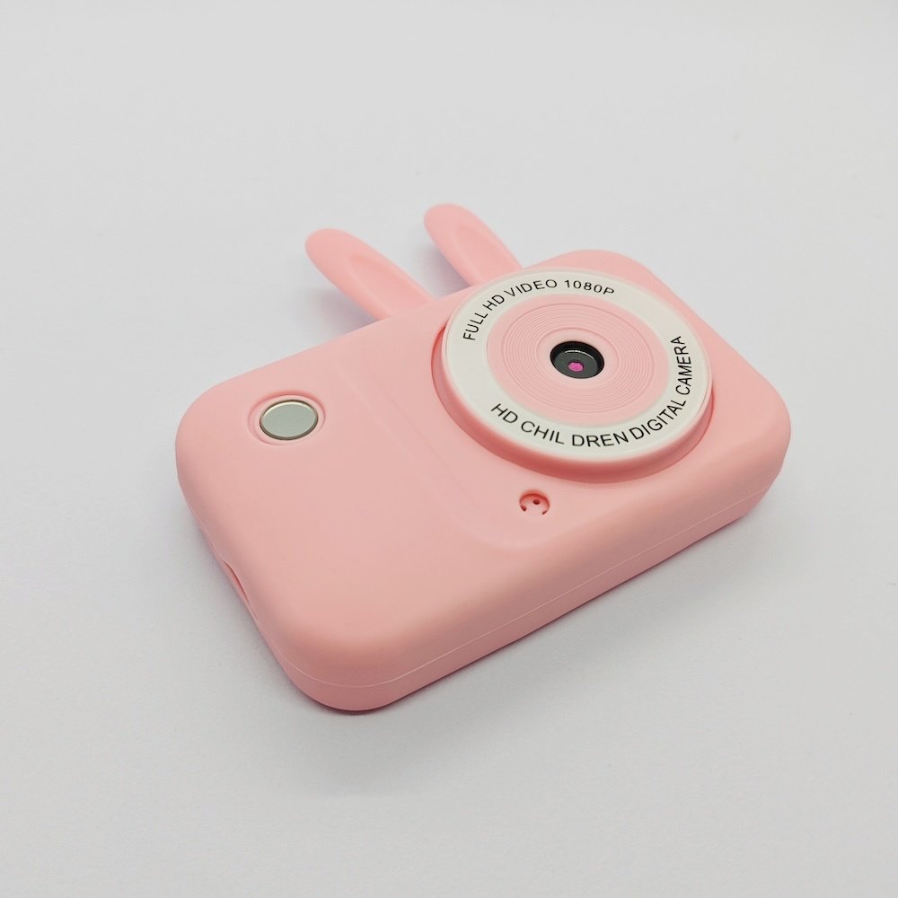 Top view of pink Y2 bunny kids digital camera with rabbit-ear design, HD children's camera for wholesale orders.