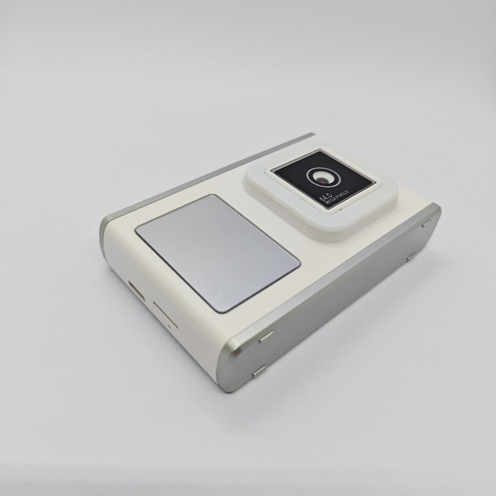 Close-up of Y23 white kids portable camera with square front lens, high-resolution imaging technology for kids tech toy distributors.