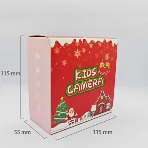 Dimension chart of the packaging box for Qisora Y3 Christmas kids toy camera showing its size: 115 mm length, 55mm thickness, 115 mm height.