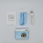 Complete package of Y3 retro kids digital camera in blue with USB cable, lanyard and instruction manual - B2B wholesale kids electronics.