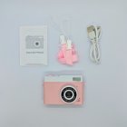 Complete package of Y3 retro kids digital camera in pink with USB cable, lanyard and instruction manual - B2B wholesale kids electronics.