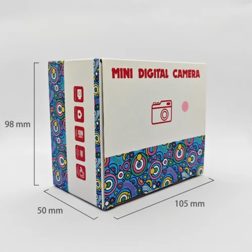 Dimension chart of the packaging box for Qisora Y3 Retro kids digital camera showing its size: 105 mm length, 50mm thickness, 98 mm height.