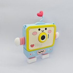 Y6 digital camera with soft robot silicone case for kids, features dual lens and protective yellow and blue shockproof housing for gift distributors.