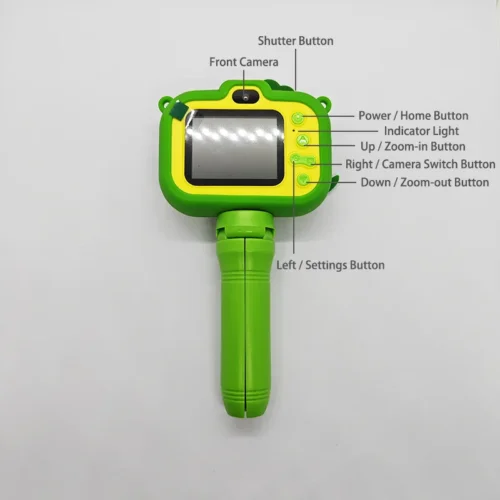 Qisora Y6 Dino Green kids camera with stand diagram front showing the product structure, including front camera, navigation buttons, screen, and shutter button.