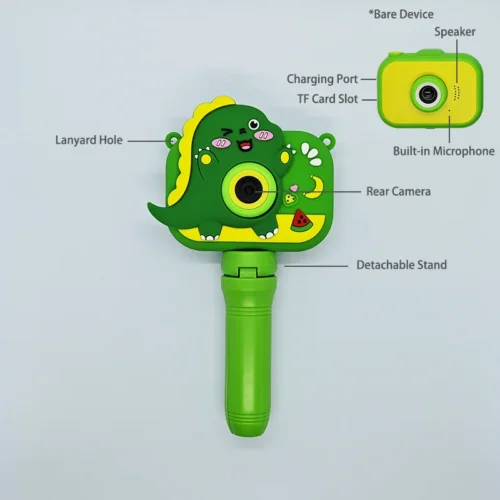 Qisora Y6 Dino Green kids camera with stand diagram back showing the product structure, including rear camera, microphone, speaker, charging port, TF card slot and detachable tripod.
