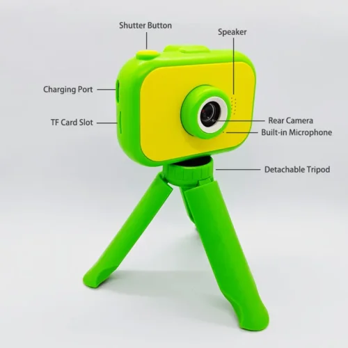 Qisora Y6 Modern kids camera with stand diagram back showing the product structure, including rear camera, microphone, speaker, charging port, TF card slot and detachable tripod.