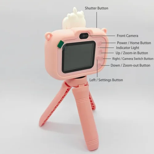 Qisora Y6 Smile Unicorn Pink kids camera with stand diagram front showing the product structure, including front camera, navigation buttons, screen, and shutter button.