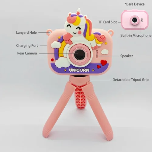 Qisora Y6 Smile Unicorn Pink kids camera with tripod diagram back showing the product structure, including rear camera, microphone, speaker, charging port, TF card slot and detachable tripod grip.