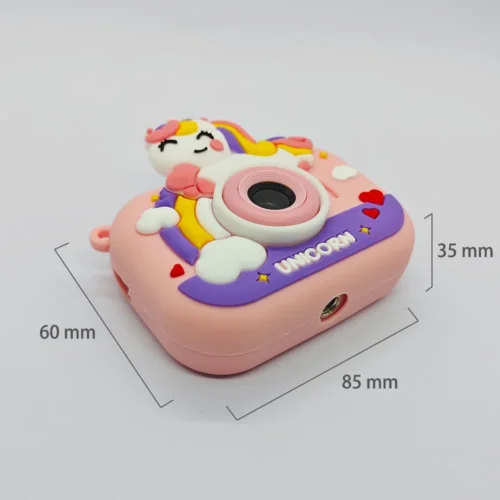 Dimension chart of the Qisora Y6 Smile Unicorn kids toy camera showing its size: 85 mm length, 35 mm width, 60 mm height.