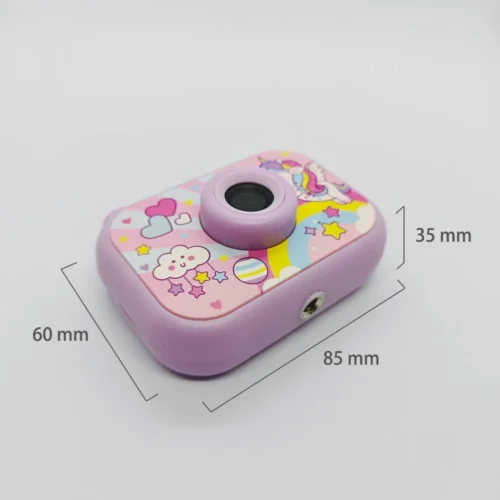 Dimension chart of the Qisora Y6 Printed Cartoons kids toy camera showing its size: 85 mm length, 35 mm width, 60 mm height.