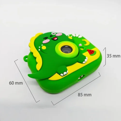 Dimension chart of the Qisora Y6 Dinosaur kids toy camera showing its size: 85 mm length, 35 mm width, 60 mm height.