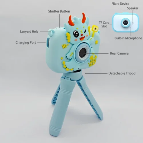 Qisora Y6 Dragon Blue kids camera with stand diagram back showing the product structure, including rear camera, microphone, speaker, charging port, TF card slot and detachable tripod.