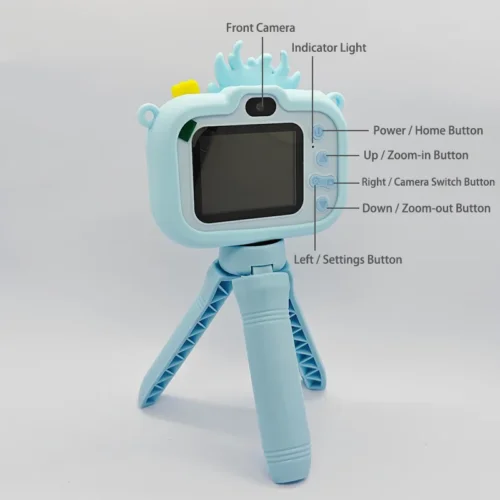 Qisora Y6 Dragon Blue kids camera with stand diagram front showing the product structure, including front camera, navigation buttons, screen, and shutter button.