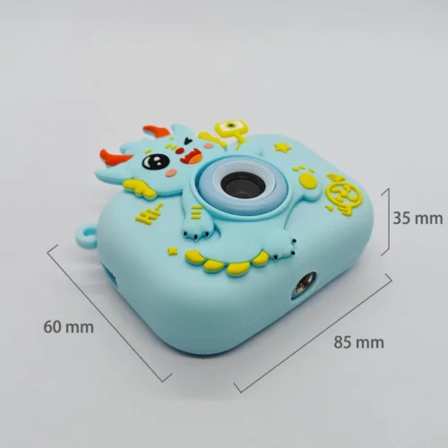 Dimension chart of the Qisora Y6 Dragon kids toy camera showing its size: 85 mm length, 35 mm width, 60 mm height.