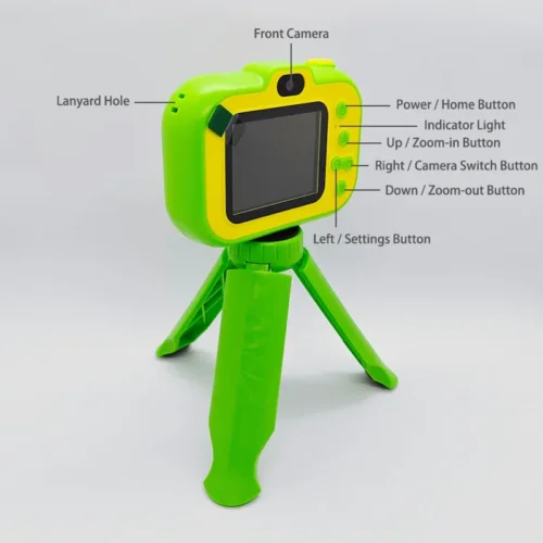 Qisora Y6 Modern kids camera with stand diagram front showing the product structure, including front camera, navigation buttons, screen, and shutter button.