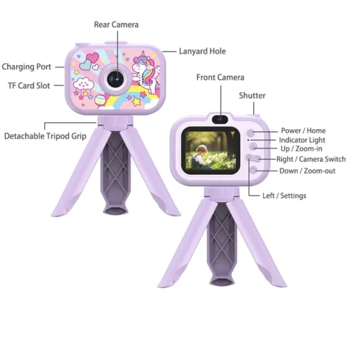 Qisora Y6 printed cartoons kids toy camera with stand diagram showing the product structure, including power button, navigation buttons, dual lens, indicator light, charging port, and TF card slot.