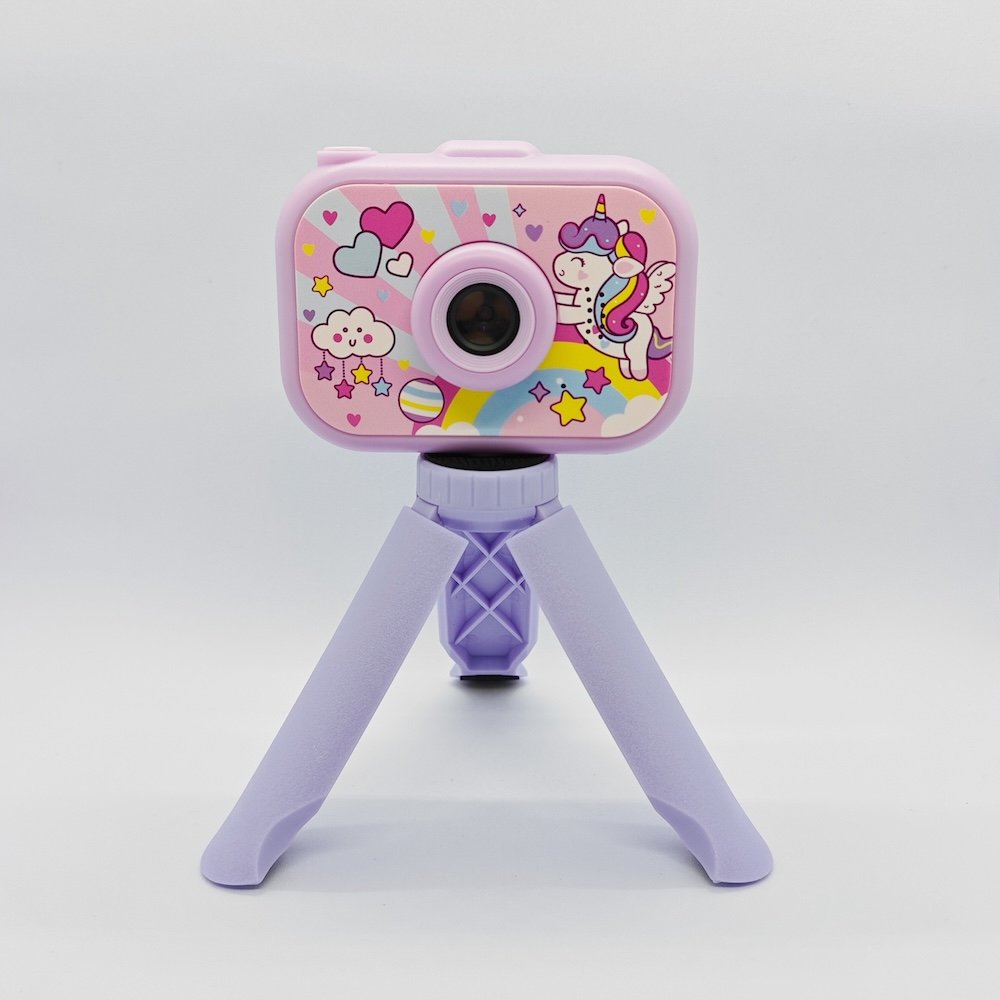Y6 kids tripod camera colorful painting purple front Y6 dual lens children digital camera with cute unicorn patterns and matching purple tripod for retailers.