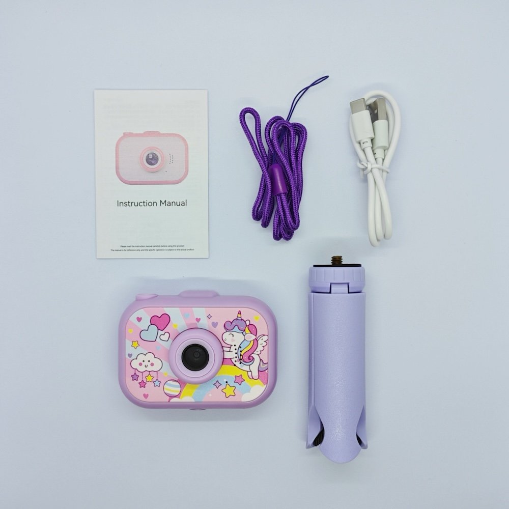 Wholesale Y6 purple unicorn painted kids camera set with tripod, purple lanyard and USB cable.