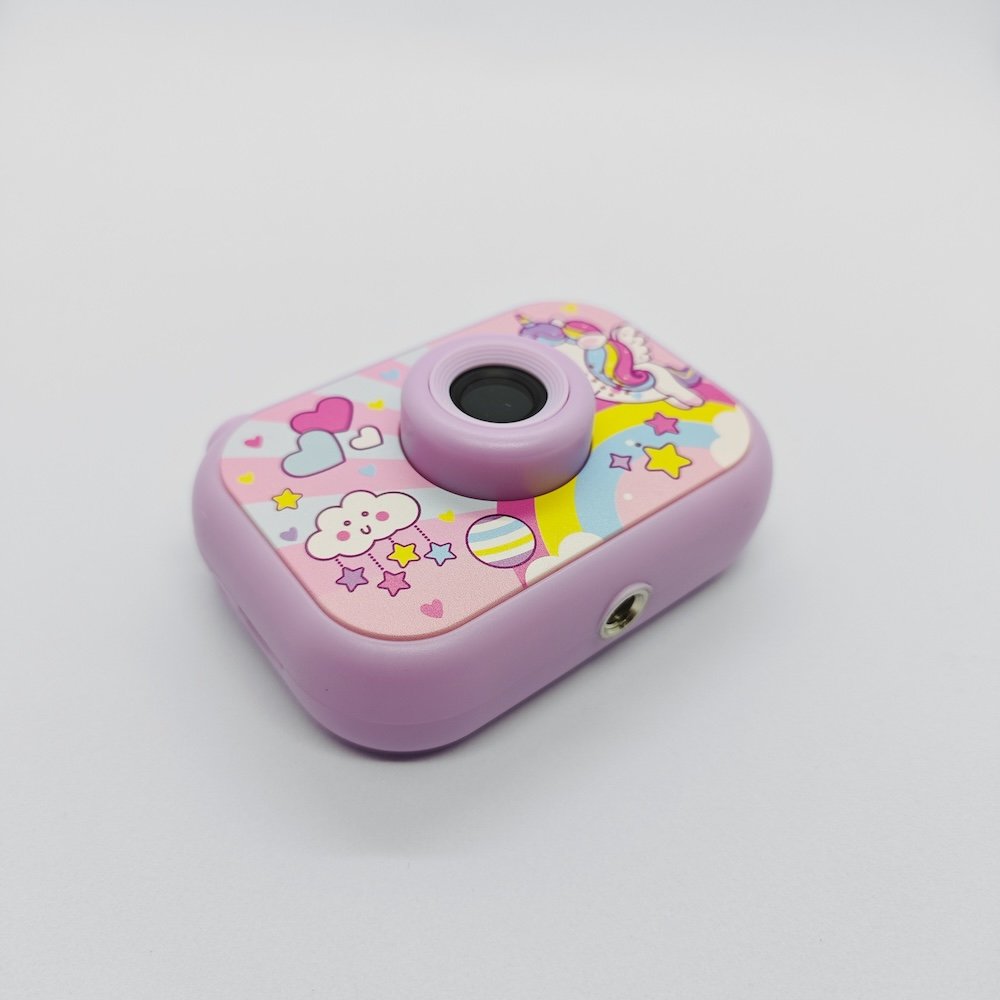 Top view of purple Y6 kids tripod camera with no stand, painted with colorful patterns and cute unicorn, CE/RoHS compliant.