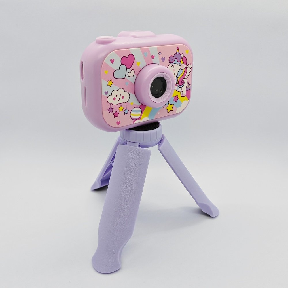 CE/RoHS certified Y6 kids tripod camera with colorful patterns and purple unicorn for B2B wholesale.