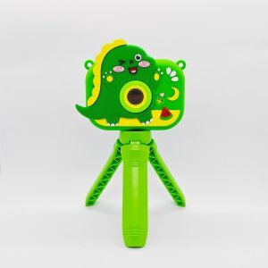 Y6 dual lens kids selfie camera with cute green dinosaur protective cover and stable tripod mount for B2B toys distributors.