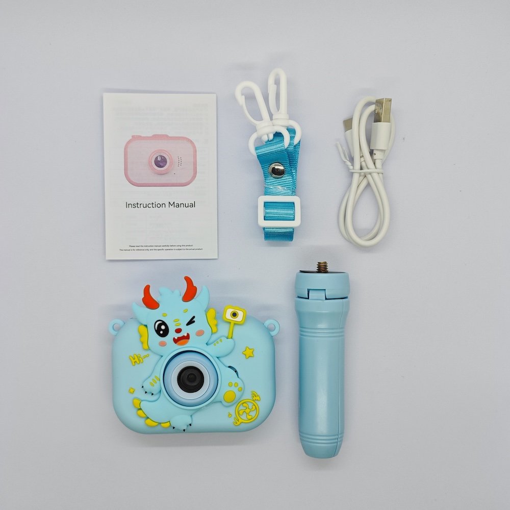 Wholesale full kit of Y6 kids camera with Chinese Dragon silicone case in blue, detachable tripod, lanyard, USB cable and manual.