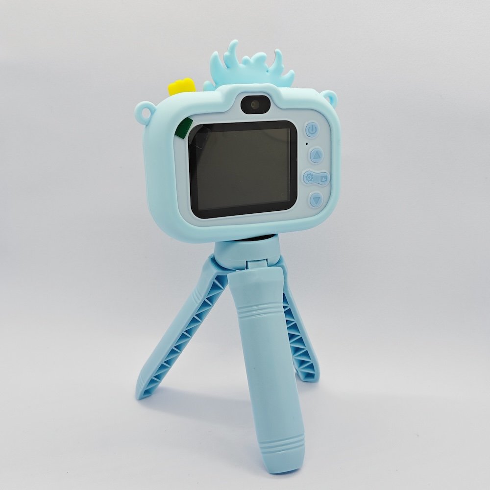 CE/RoHS certified Y6 1080P HD kids selfie camera with Chinese cultural dragon elements in blue and intuitive control buttons.