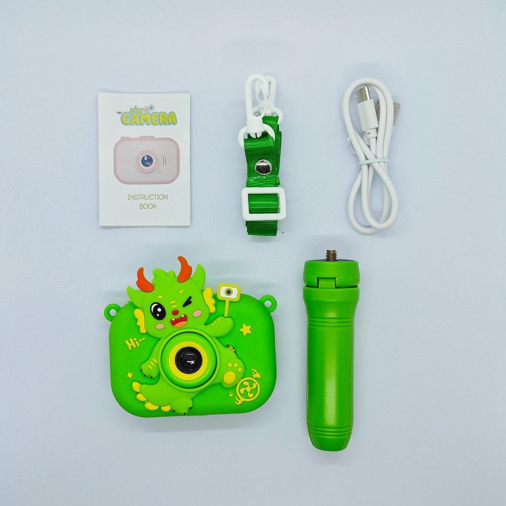Wholesale full kit of Y6 kids camera with Chinese Dragon silicone case in green, detachable tripod, lanyard, USB cable and manual.