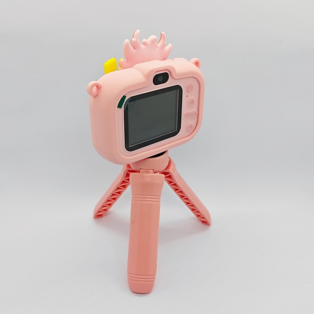 CE/RoHS certified Y6 1080P HD kids selfie camera with Chinese cultural dragon elements in pink and intuitive control buttons.