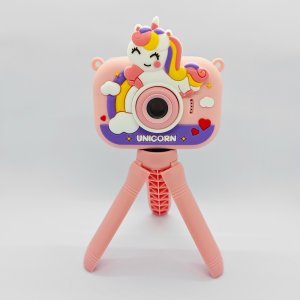 Y6 dual lens kids selfie camera with cute pink smile unicorn protective cover and stable tripod mount for B2B toys distributors.