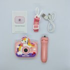 Wholesale complete set of Y6 kids camera with 3D purple smile unicorn silicone case, matching tripod, lose-prevent lanyard, USB cable and manual.