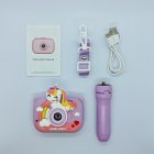 Wholesale complete set of Y6 kids camera with 3D purple smile unicorn silicone case, matching tripod, lose-prevent lanyard, USB cable and manual.