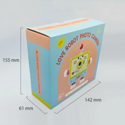 Dimension chart of the packaging box for Qisora Y6 Robot kids digital camera with stand showing its size: 142 mm length, 61 mm width, 155 mm height.