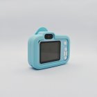 Y8 blue classic kids camera back view showing the HD display screen and rear selfie lens with CE/RoHS certified.