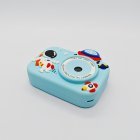 Top view of Y8 blue kids camera with astronaut and spaceship design silicone case, dual lens.