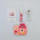 Wholesale Y8 kids camera gift set with light pink honey bear silicone cover, Type-C cable, lose-prevent lanyard and manual.