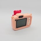 Rear view of Y8 light pink kids camera showing the HD screen, white control buttons and selfie lens for retail suppliers.
