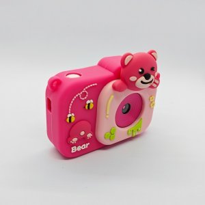 CE/RoHS certified Y8 children's digital camera featuring a soft rose pink honey bear protective case with bee and flower details.