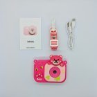 Wholesale Y8 kids camera gift set with rose pink honey bear silicone cover, Type-C cable, lose-prevent lanyard and manual.