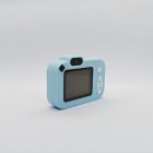 Rear view of Y8 kids digital camera in blue with integrated 2.0-inch screen and white buttons, fully CE/RoHS certified.