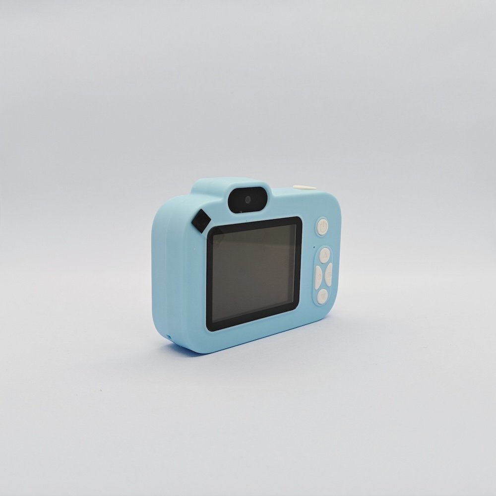 Rear view of Y8 kids digital camera in blue with integrated 2.0-inch screen and white buttons, fully CE/RoHS certified.