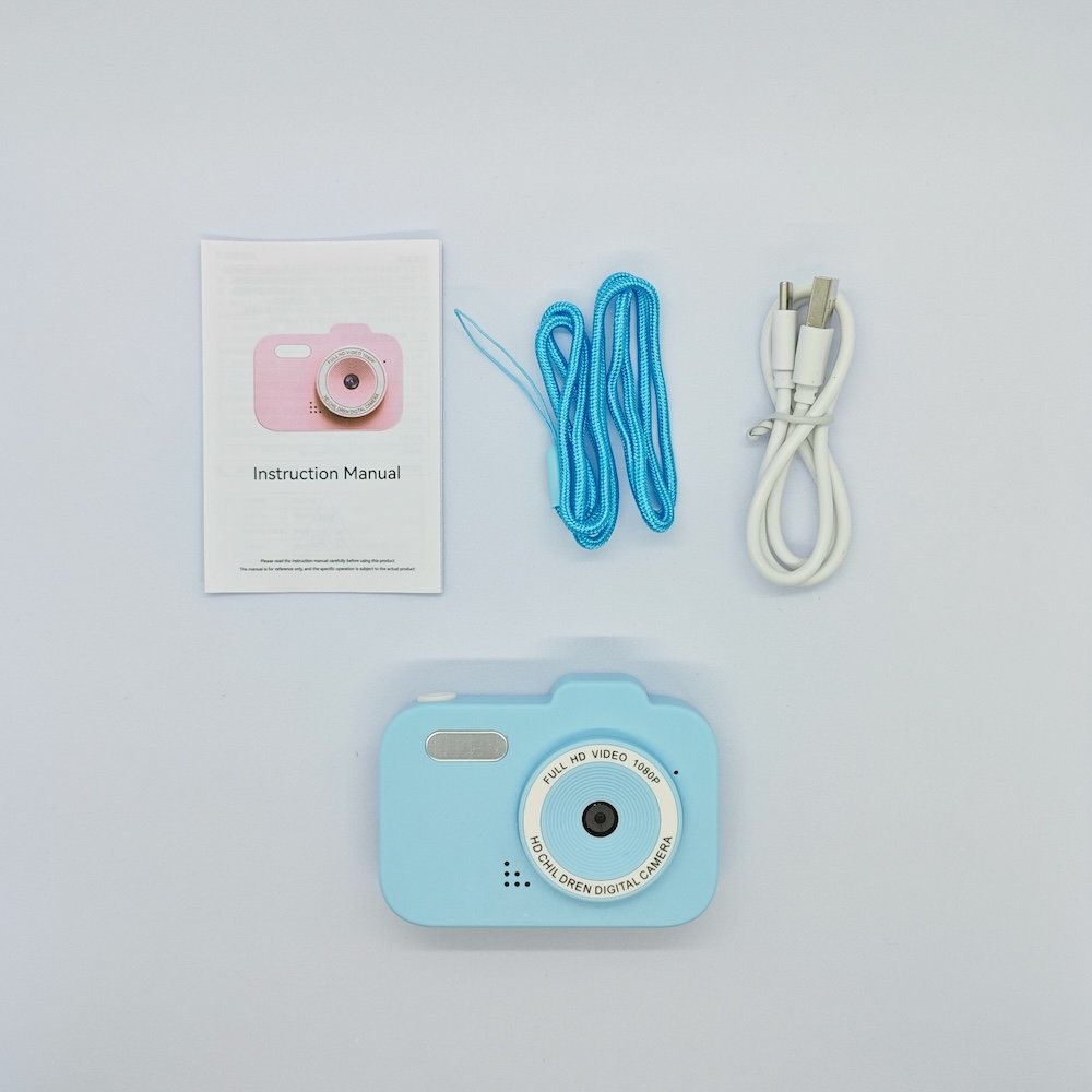 Complete set of Y8 kids blue camera, manual, blue lose-prevent lanyard and USB cable for toy distributors.