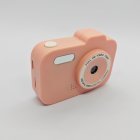 Y8 kids digital camera with classic design, HD dual lens with white button and pink body.