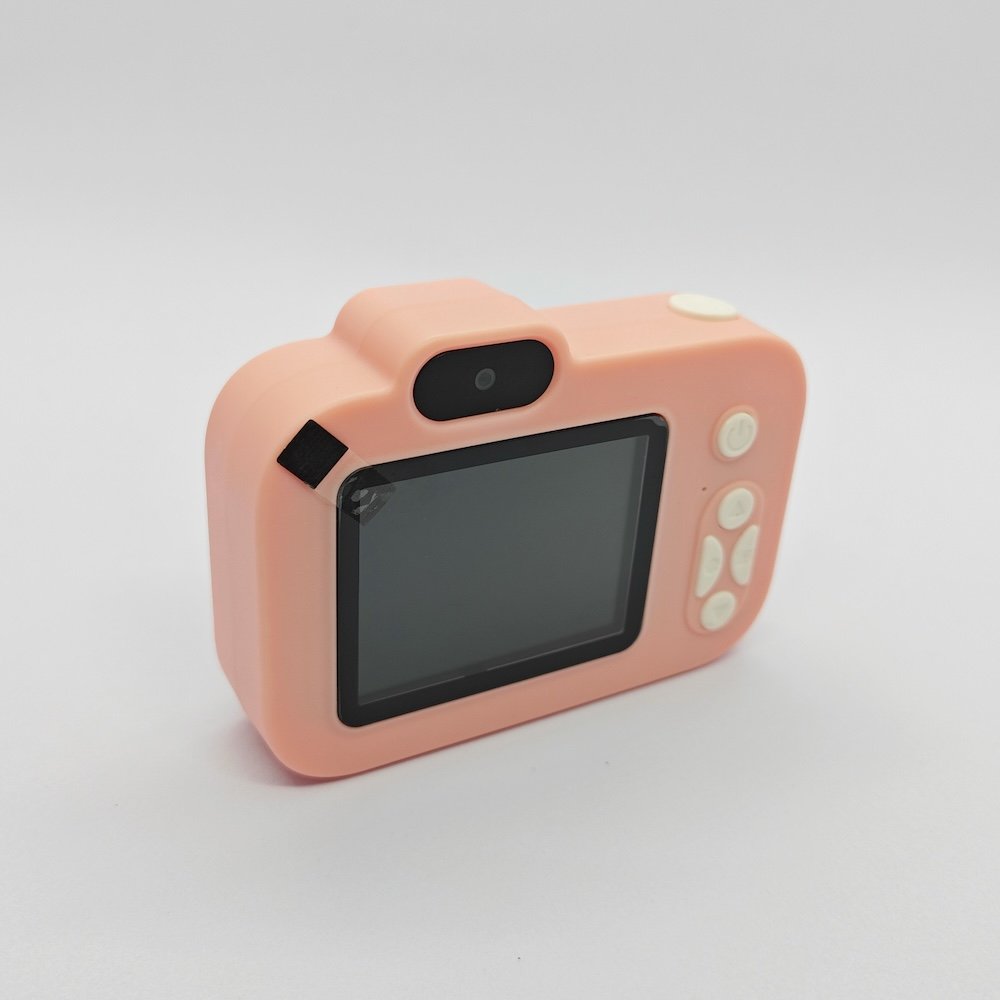 Rear view of Y8 kids digital camera in pink with integrated 2.0-inch screen and white buttons, fully CE/RoHS certified.